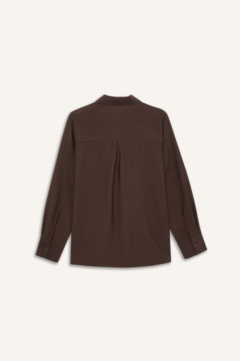 نساء بني تونيكة كم طويل قصة عادية بياقة قميص