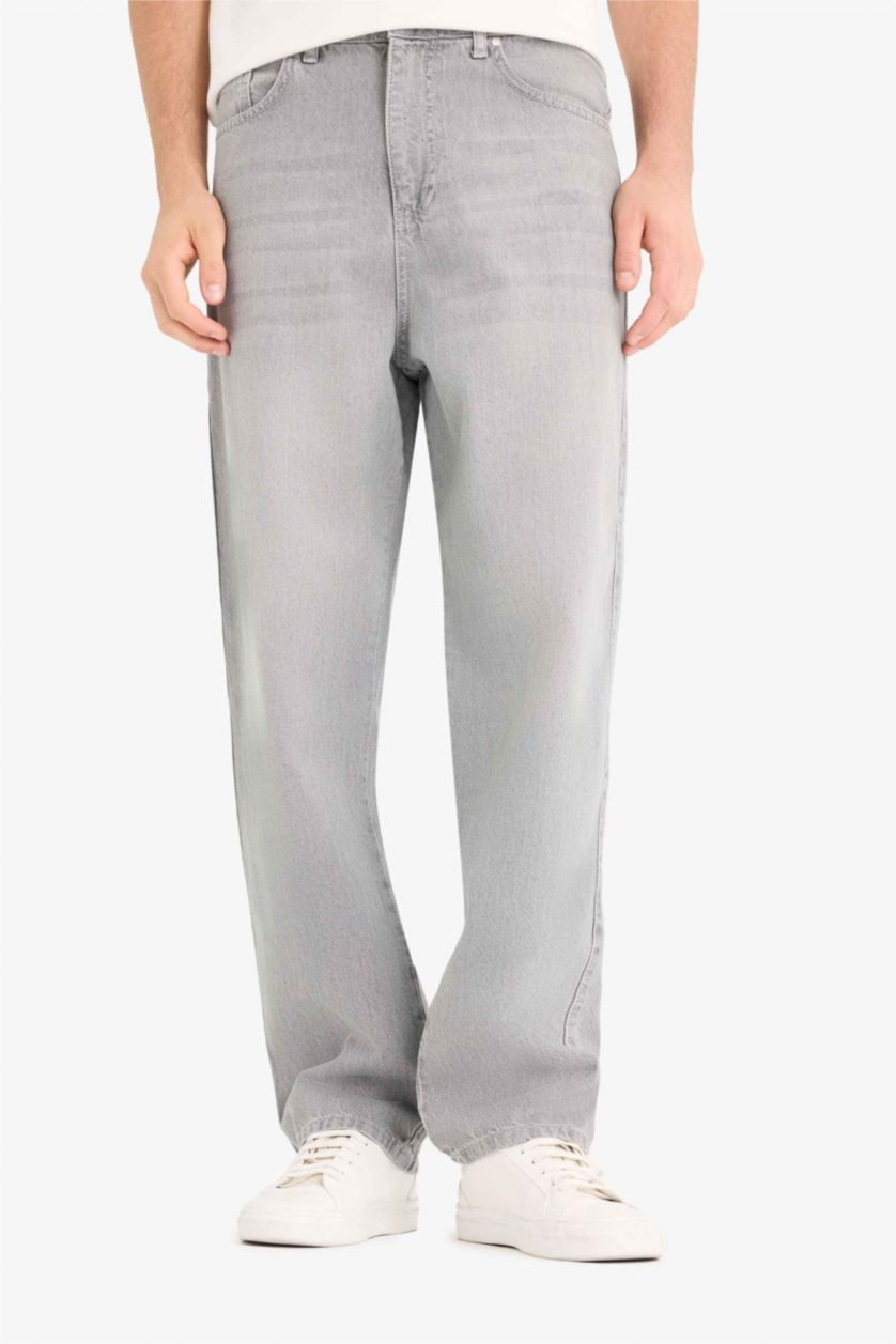 رجالي رمادي فاتح بنطلون جينز باجي فيت قطن برجل واسع