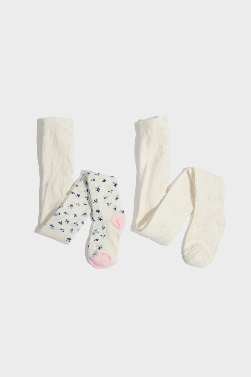 Kız Bebek Beyaz Baskılı Kaydırmaz Taban 2'li Bambu Külotlu Çorap Kız Bebek