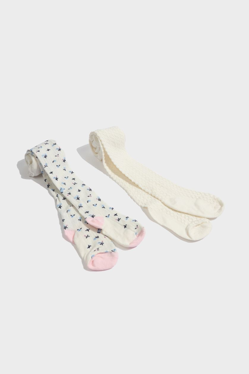 Kız Bebek Beyaz Baskılı Kaydırmaz Taban 2'li Bambu Külotlu Çorap Kız Bebek