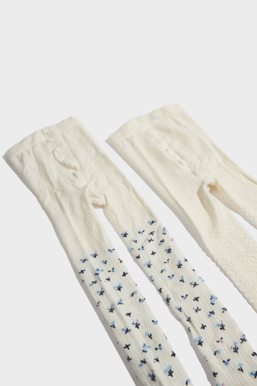 Kız Bebek Beyaz Baskılı Kaydırmaz Taban 2'li Bambu Külotlu Çorap Kız Bebek