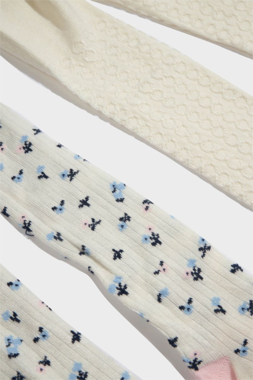 Kız Bebek Beyaz Baskılı Kaydırmaz Taban 2'li Bambu Külotlu Çorap Kız Bebek