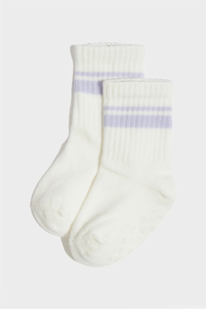 Kız Bebek Beyaz Kaydırmaz Taban 3'lü Pamuklu Uzun Çorap Kız Bebek