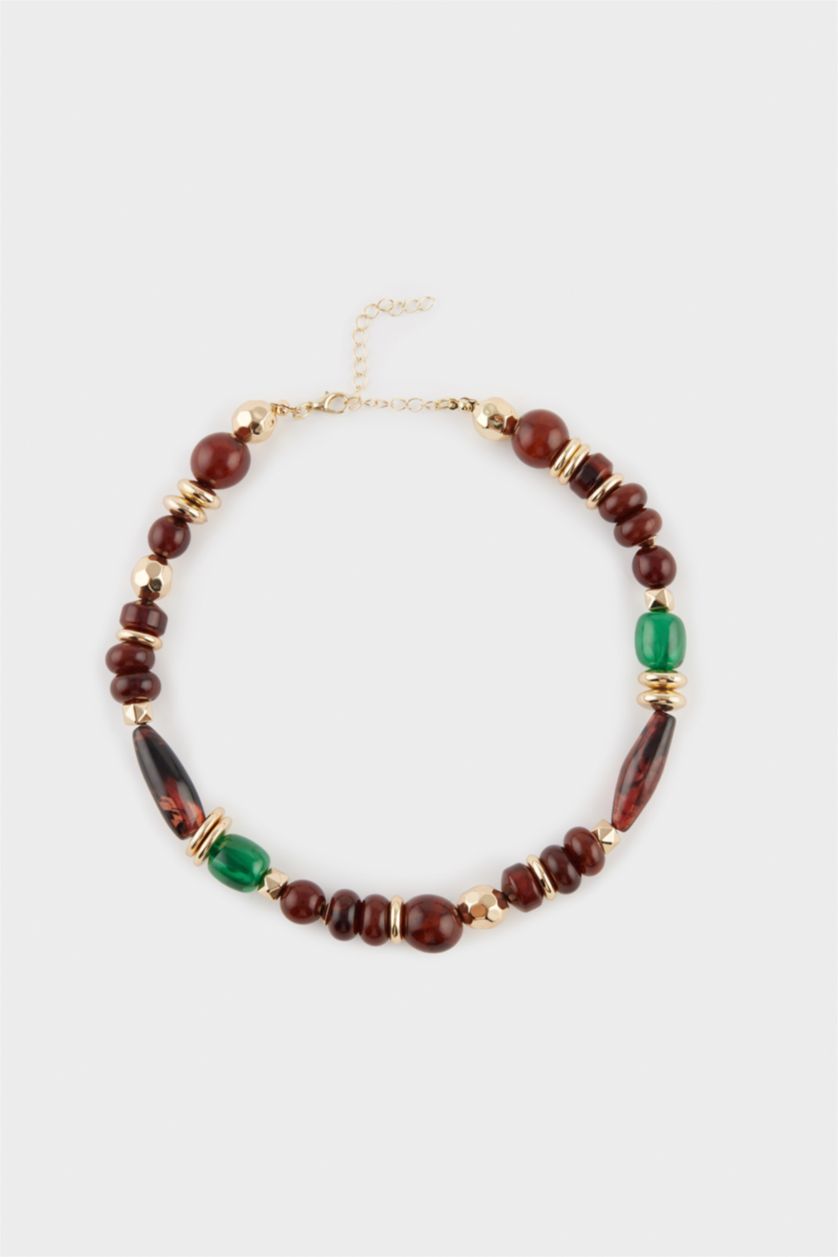 WOMAN MIXED Woman Golden Necklace With Brown And Green Stones