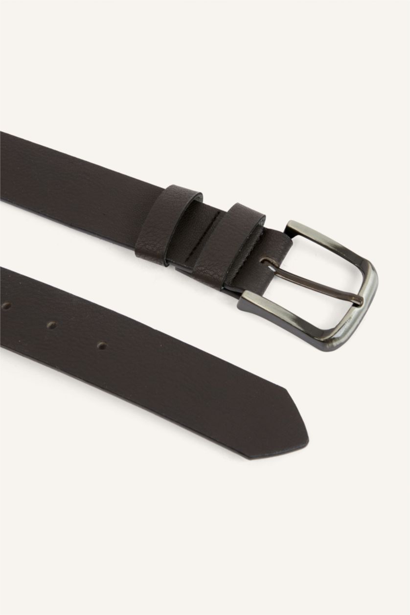 Men Brown Man Rectangle Clasp Faux Leather