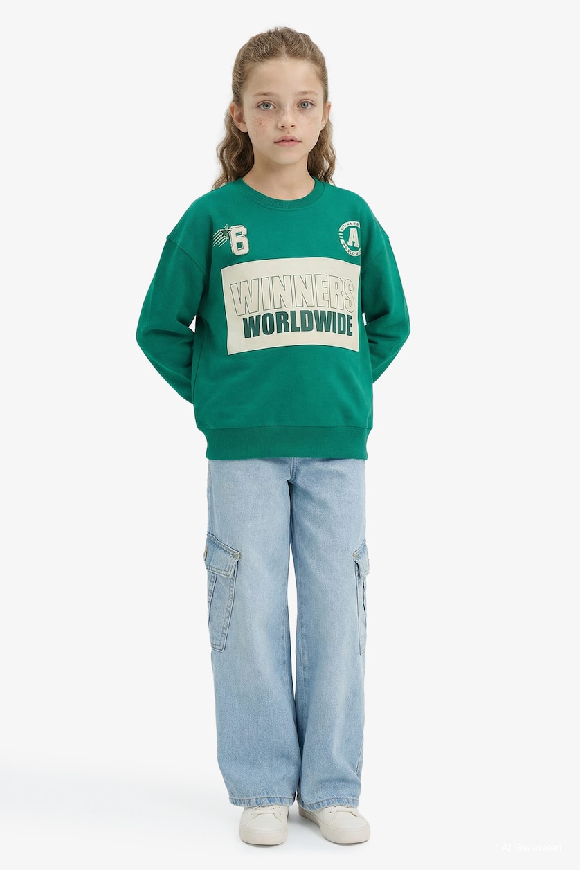 بنات أخضر Girl Relax Fit Crew Neck Slogan Printed Sweatshirt
