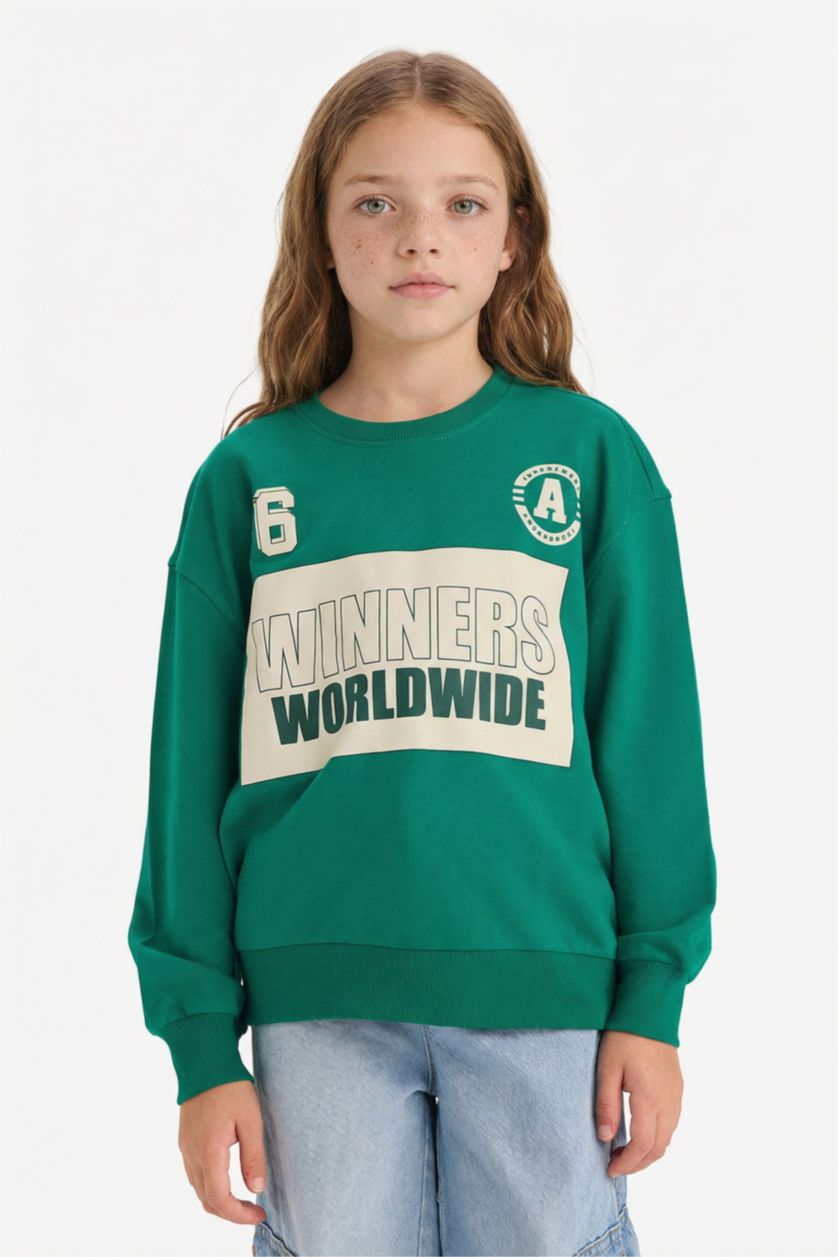 FILLES Vert Sweat- Shirt Tissu Sweat Fin Coupe décontractée Col rond Slogan