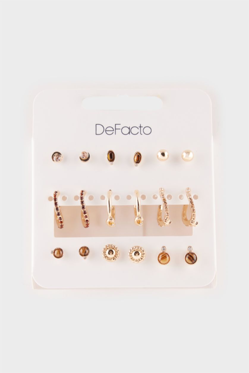 WOMAN Altın Woman 9 Piece Stone Gold Earringss