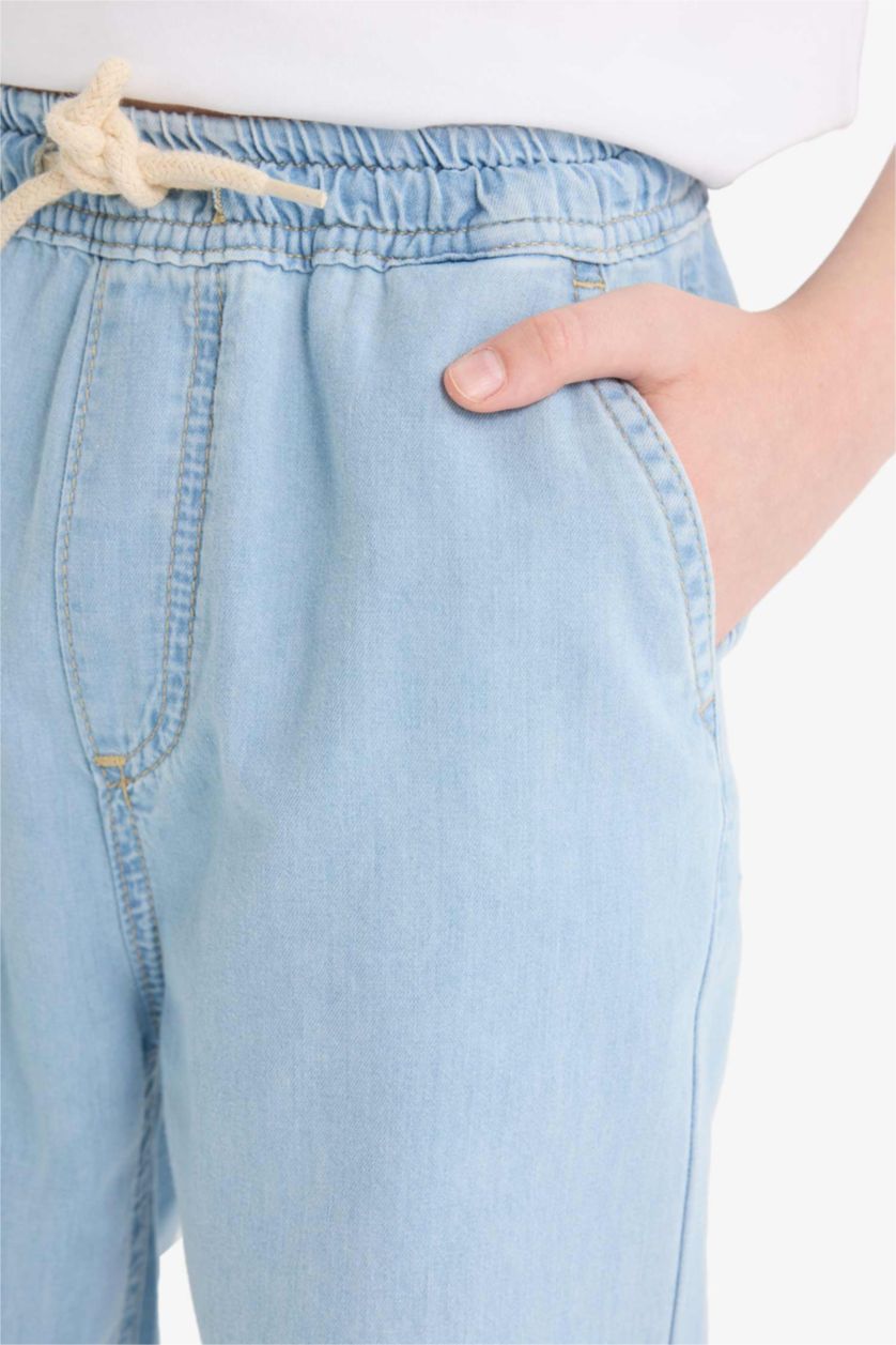 Erkek Çocuk - Genç Erkek Açık Mavi Beli Lastikli Düz Paça Jean Pantolon Erkek Çocuk