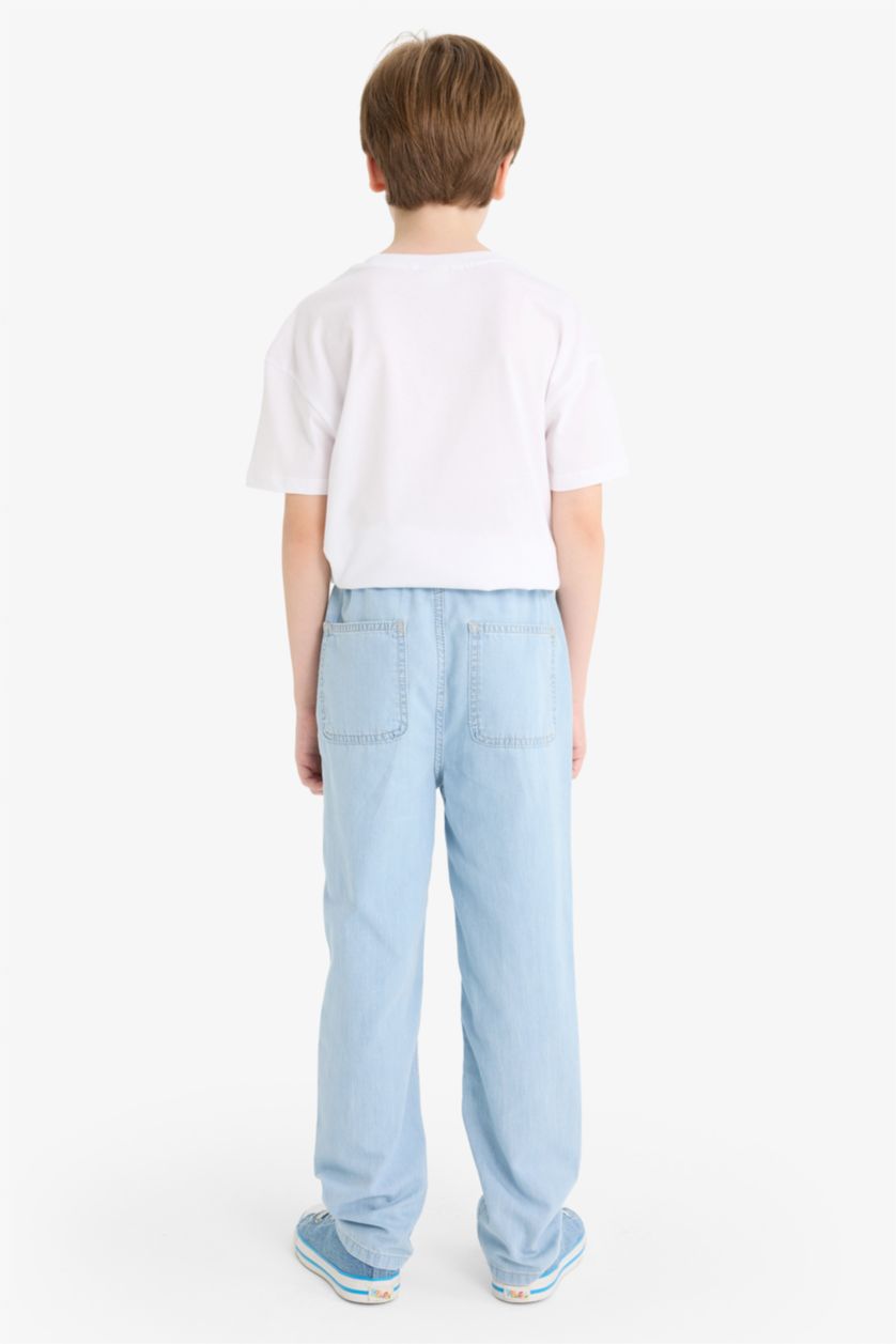 Erkek Çocuk - Genç Erkek Açık Mavi Beli Lastikli Düz Paça Jean Pantolon Erkek Çocuk