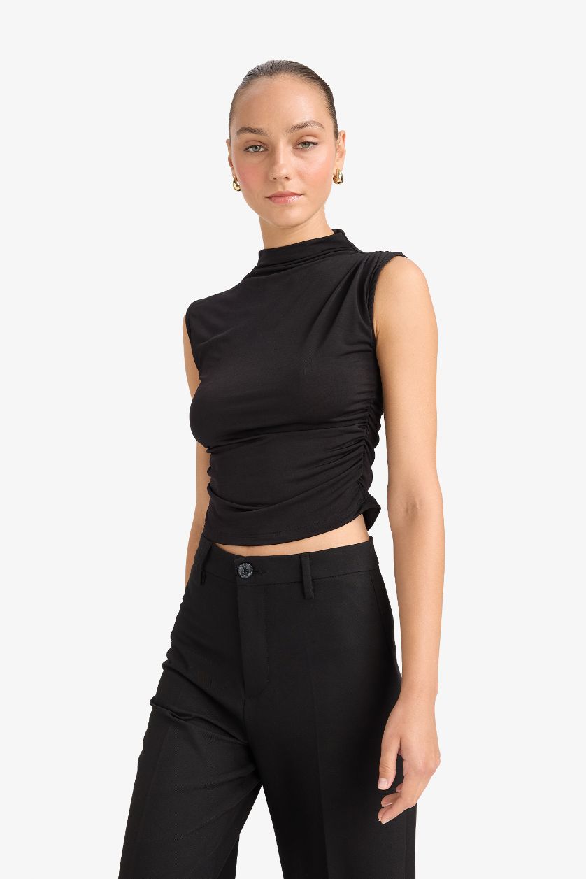 WOMAN Black Slim Fit Half Turtleneck Sleeveless Blouse