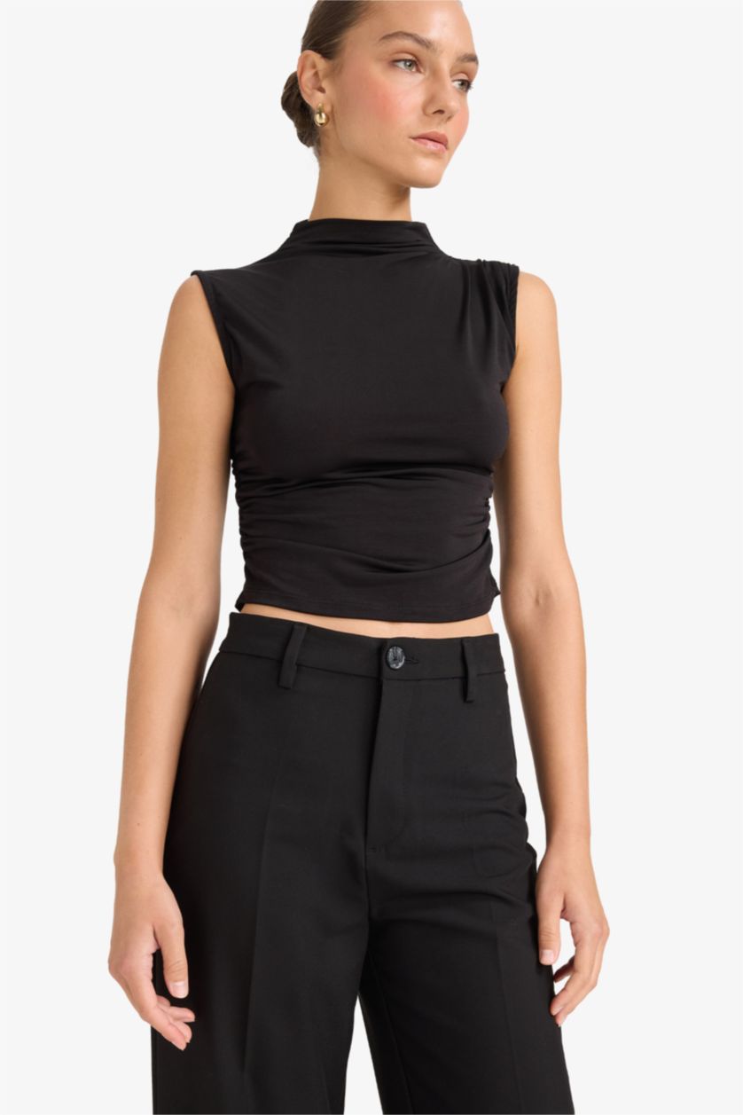 WOMAN Black Slim Fit Half Turtleneck Sleeveless Blouse