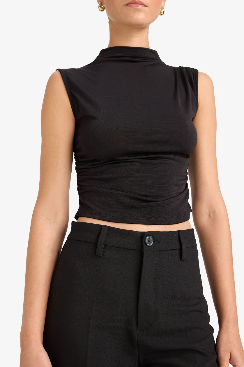WOMAN Black Slim Fit Half Turtleneck Sleeveless Blouse