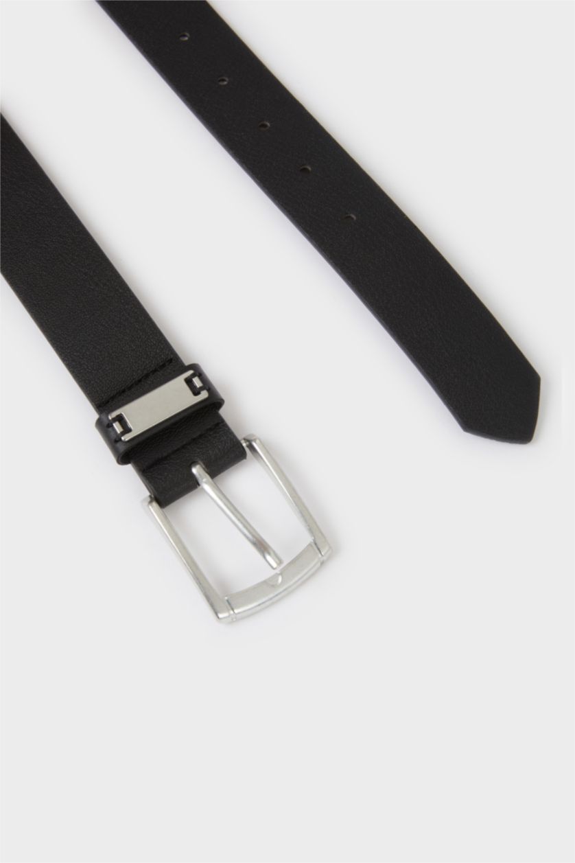 Erkek Çocuk - Genç Erkek Siyah Erkek Çocuk Dikdörtgen Toka Suni Deri Günlük Kemer