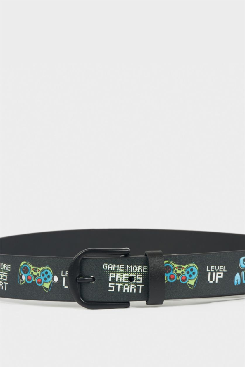 Erkek Çocuk - Genç Erkek Siyah Erkek Çocuk Baskılı Dikdörtgen Toka Suni Deri Günlük Kemer