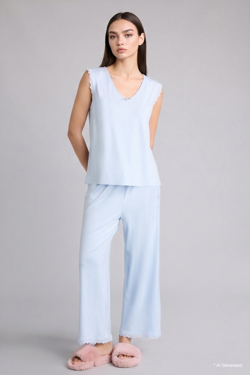 Kadın Açık Mavi Regular Fit Kolsuz Üst Uzun Alt Pijama Takımı