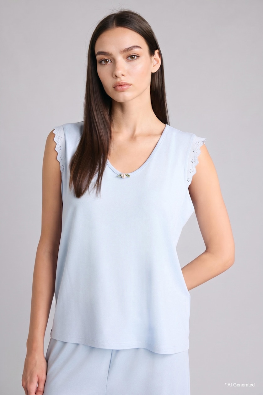 Kadın Açık Mavi Regular Fit Kolsuz Üst Uzun Alt Pijama Takımı