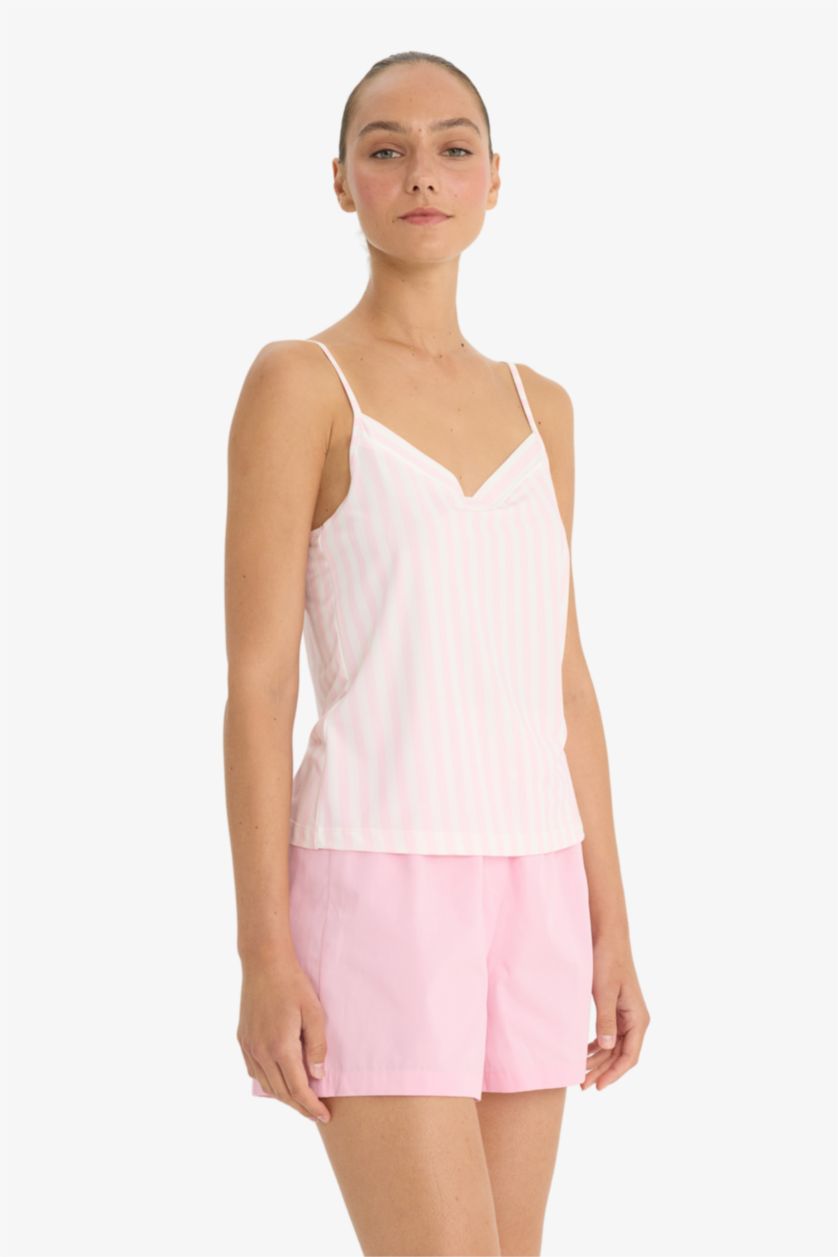 Kadın Açık Pembe Regular Fit V Yaka Askılı Üst