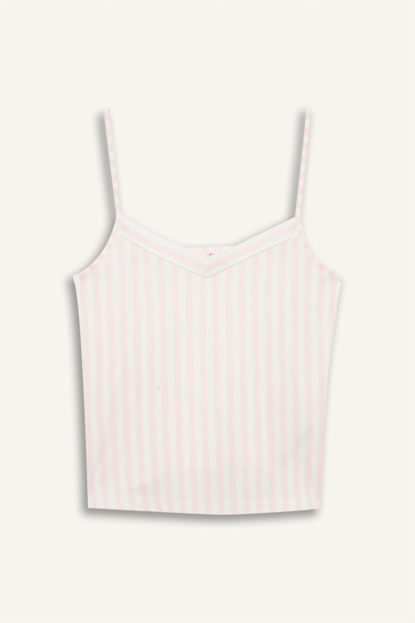 Kadın Açık Pembe Regular Fit V Yaka Askılı Üst