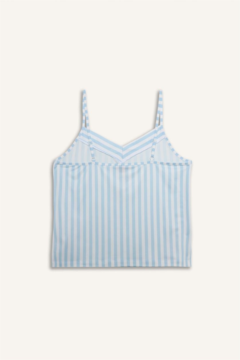 حريمي أزرق فاتح بلوزة مخططة قصة عادية بياقة V