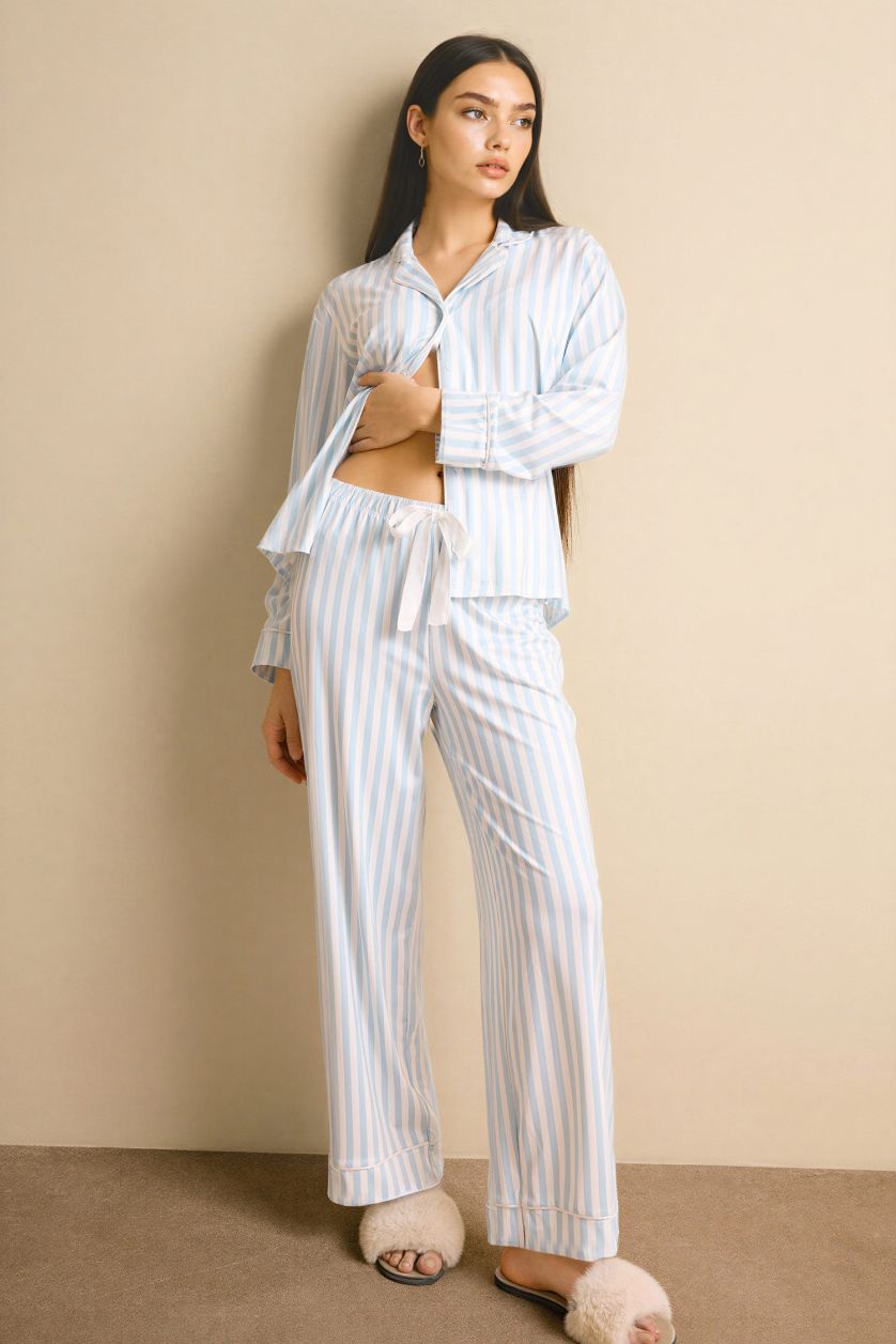 Женщины Светло-синий Длинные пижамные брюки Regular Fit в полоску