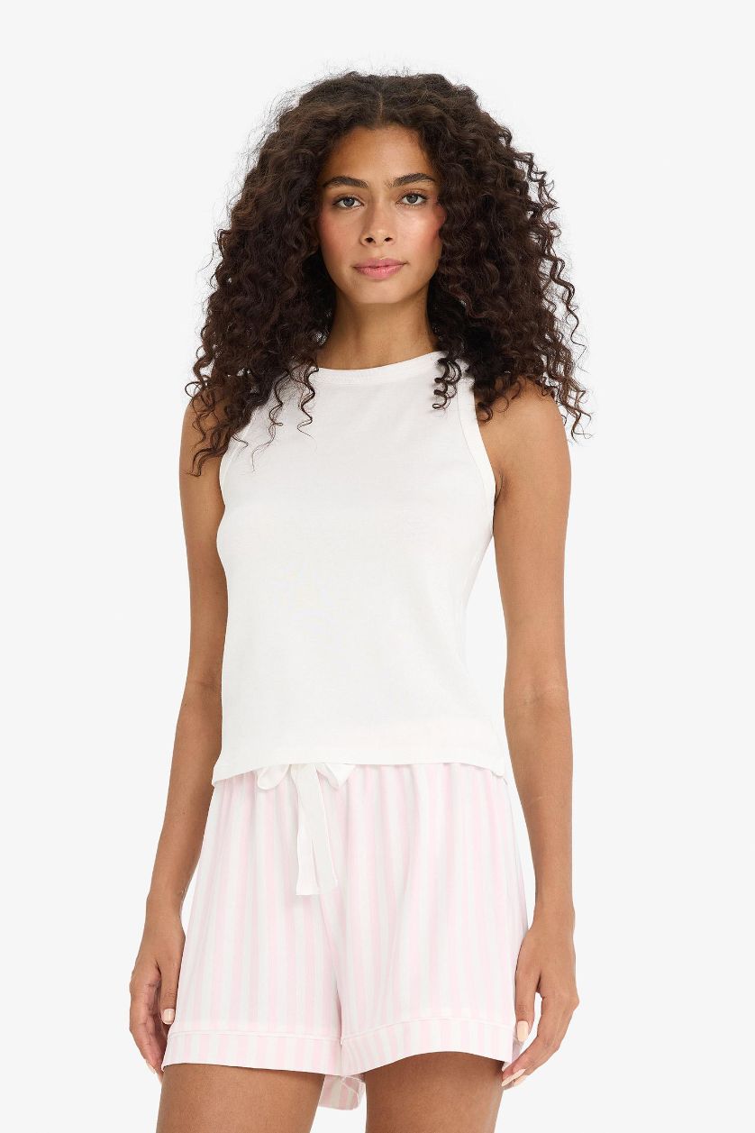 Kadın Açık Pembe Regular Fit Çizgili Şort Pijama Altı