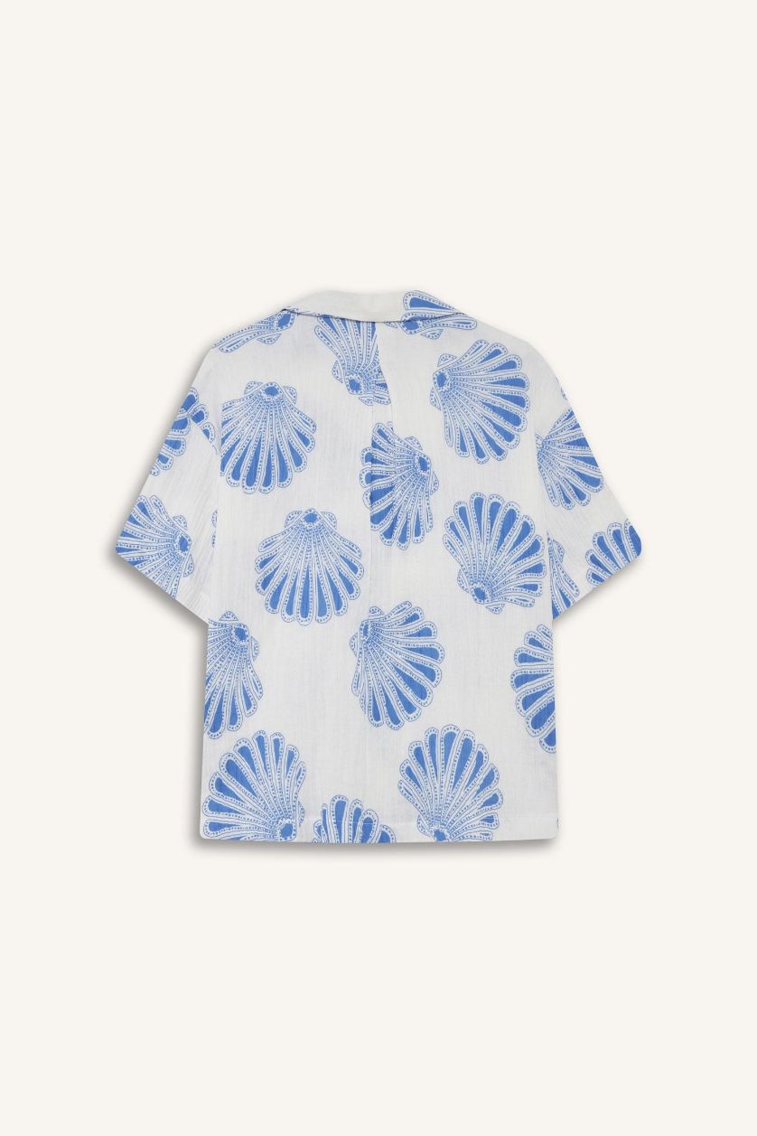 Kadın Ekru Regular Fit Desenli Ceket Yaka Müslin Kısa Kollu Gömlek