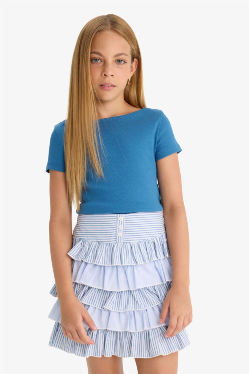 بناتي أزرق غامق تيشيرت بناتي نص كم مضلع مخصر بياقة عريضة