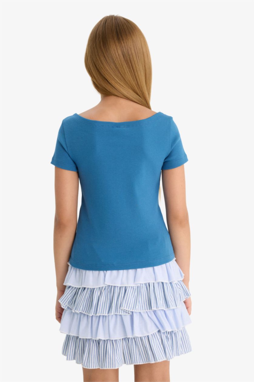 بناتي أزرق غامق تيشيرت بناتي نص كم مضلع مخصر بياقة عريضة