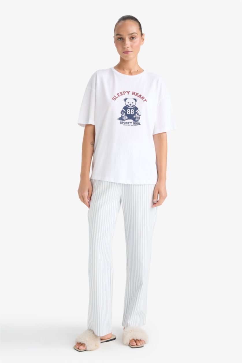 Kadın Beyaz %100 Pamuk Regular Fıt Baskılı Kısa Kollu Pijama Üstü