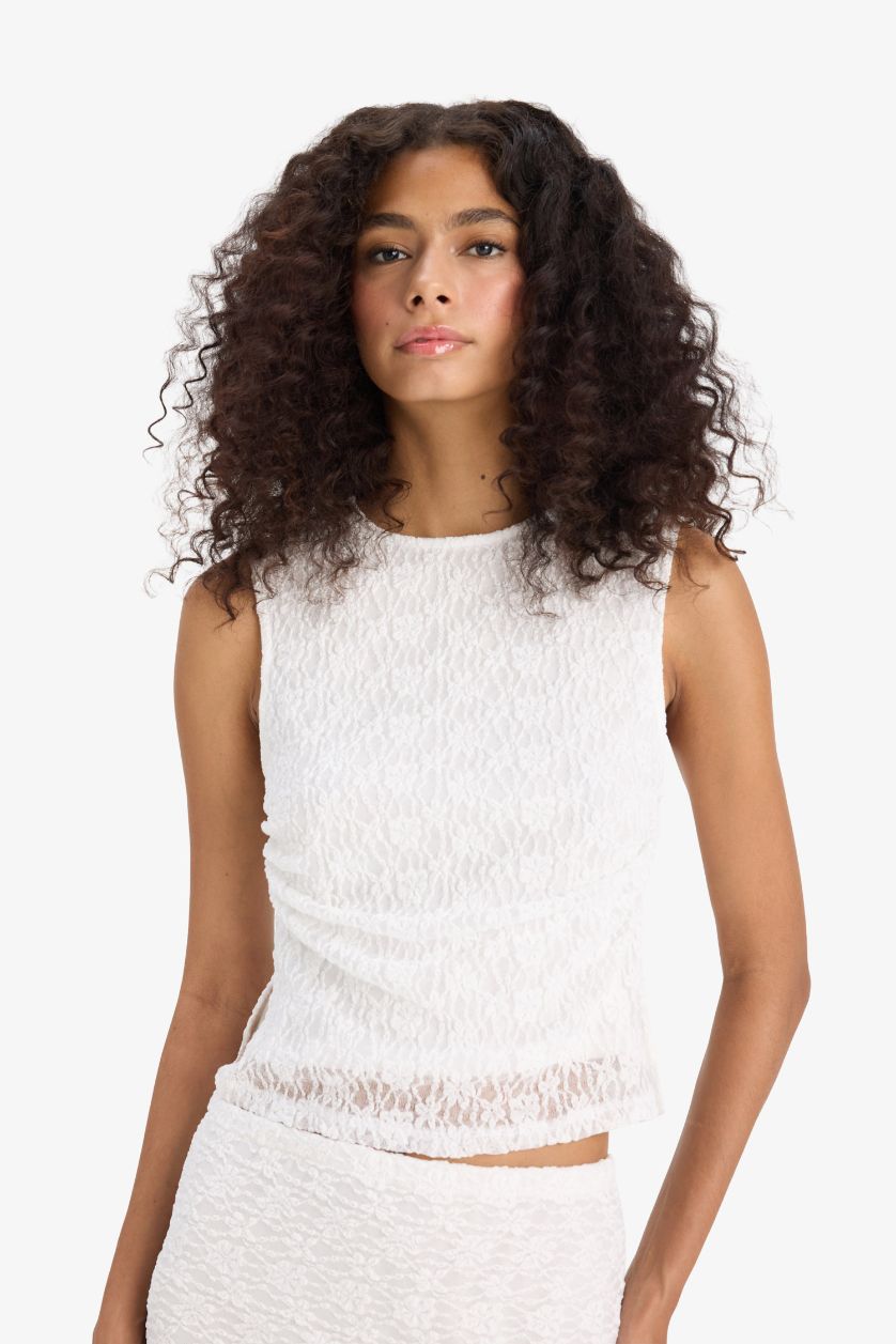 Kadın Ekru Slım Fıt Bisiklet Yaka Dantel Atlet