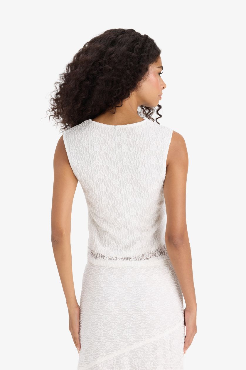 Kadın Ekru Slım Fıt Bisiklet Yaka Dantel Atlet