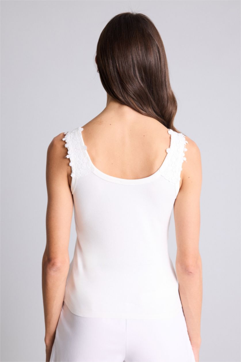 Woman Ecru Slim Fit Ribana U Collar Tank Top