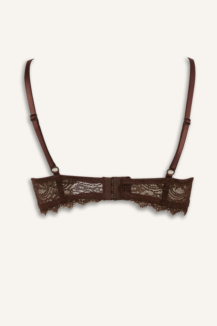 Kadın Kahve Bağcıklı Dantelli Kapsız Pedsiz Balenli Balkonet Sütyen
