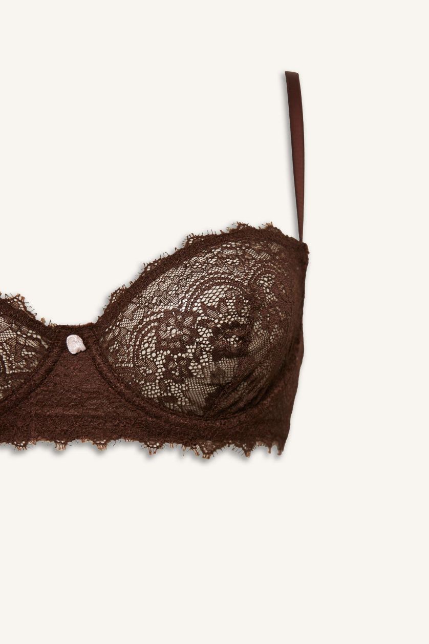 Kadın Kahve Bağcıklı Dantelli Kapsız Pedsiz Balenli Balkonet Sütyen