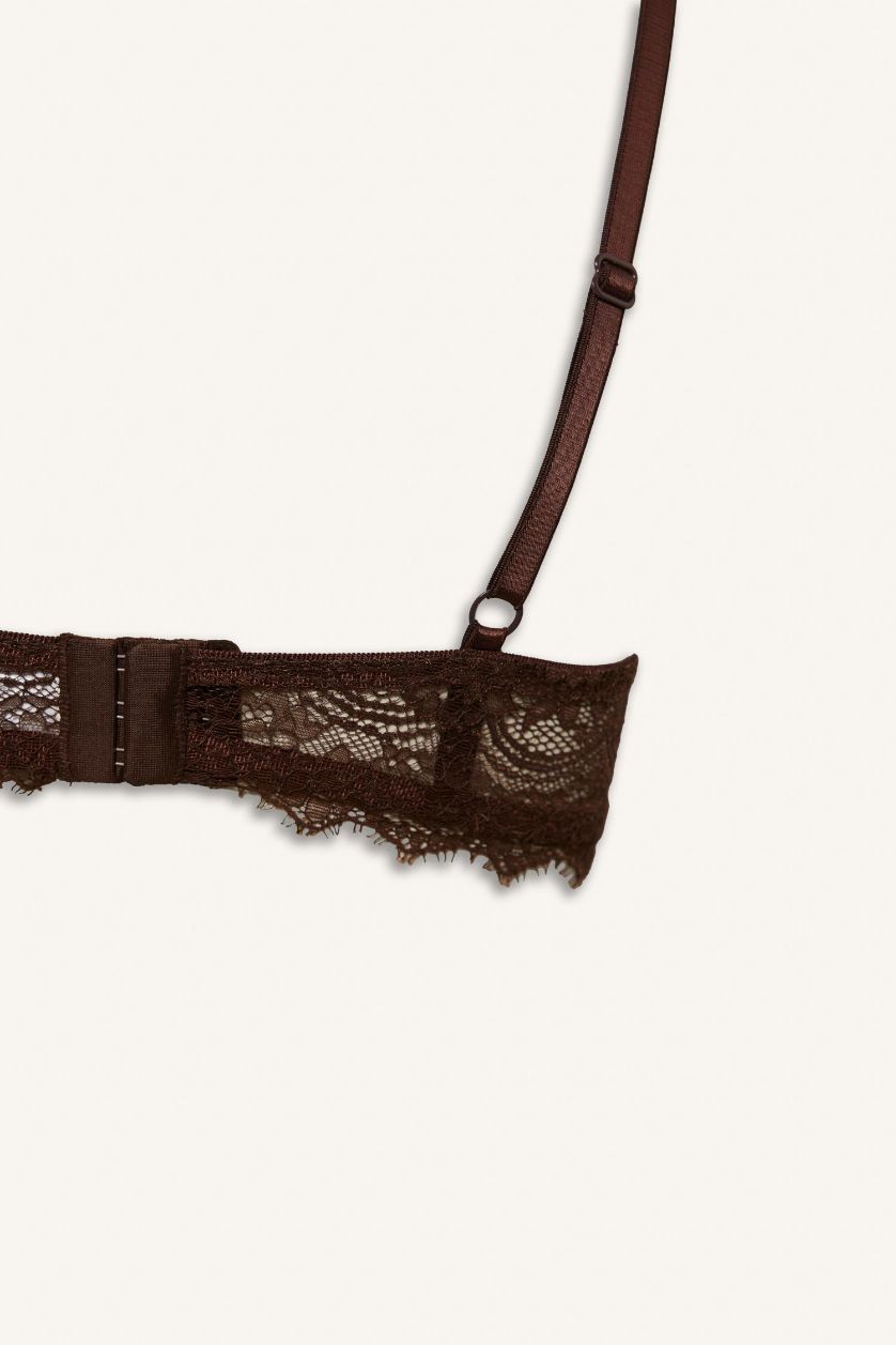 Kadın Kahve Bağcıklı Dantelli Kapsız Pedsiz Balenli Balkonet Sütyen