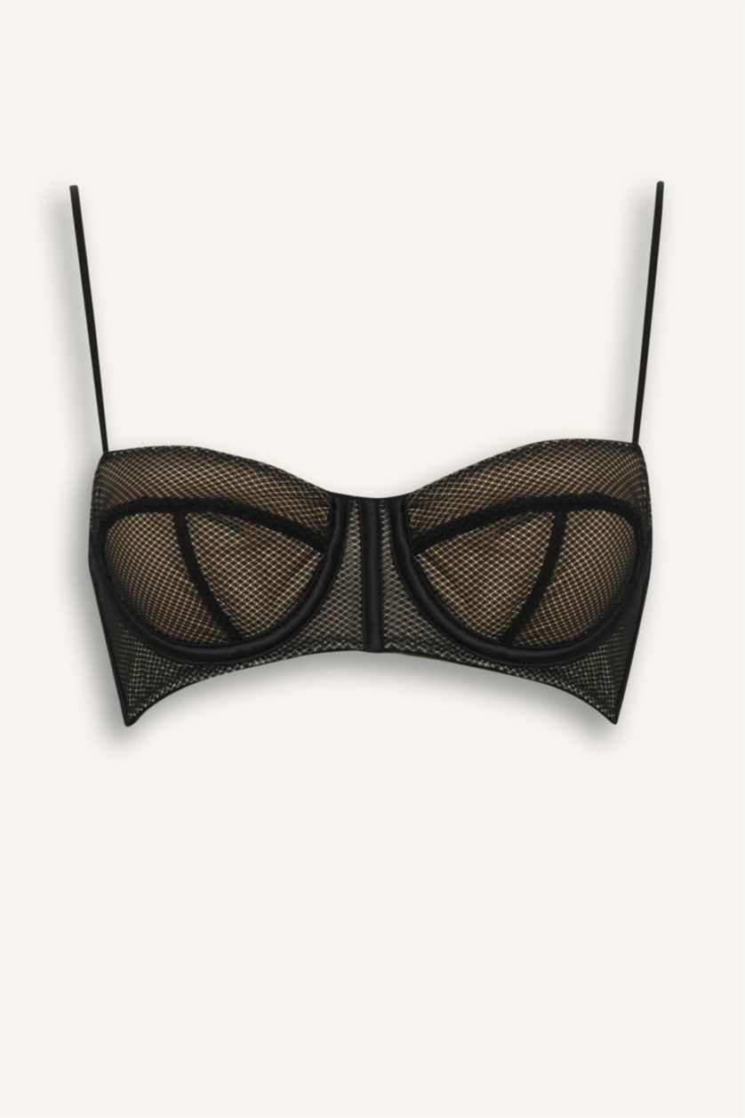 Women Black Tulle Cups, No Pads, Underwired Balconette Bra