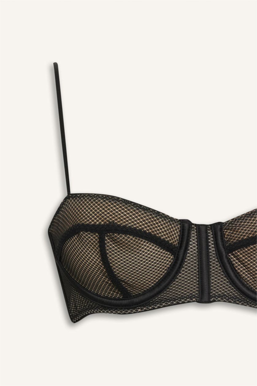 Women Black Tulle Cups, No Pads, Underwired Balconette Bra