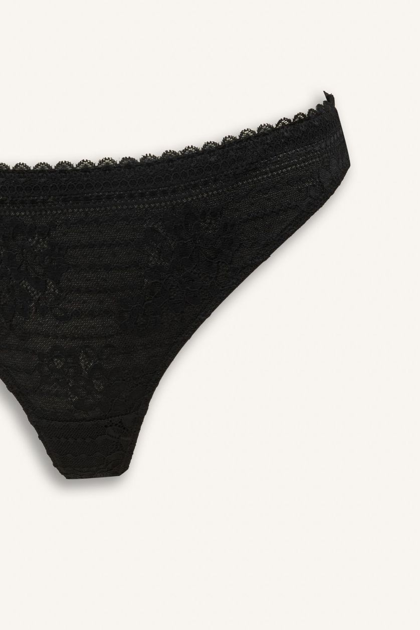 Kadın Siyah Bağcıklı Dantelli Slip Külot