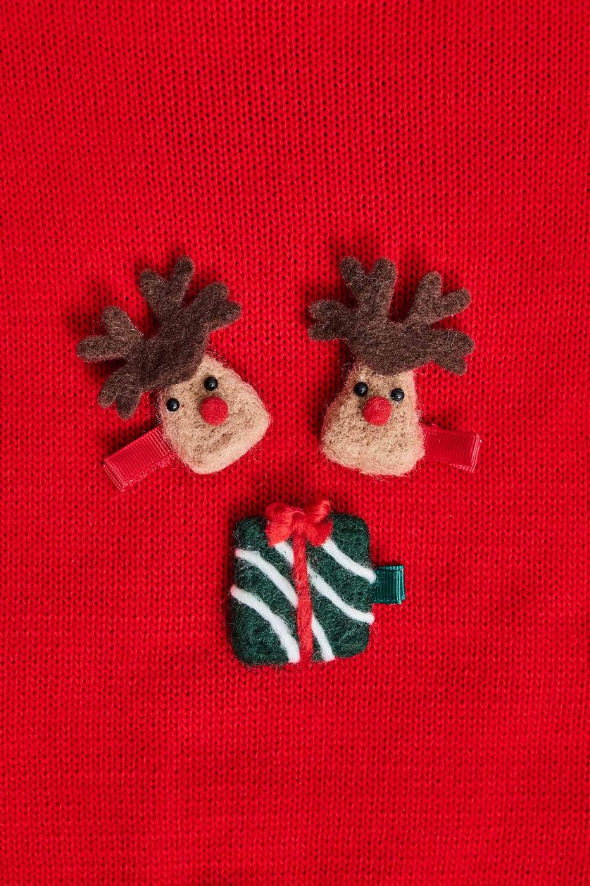 Kadın Karma Kız Çocuk Yılbaşı Geyik Temalı 3'lü Çıtçıtlı Toka