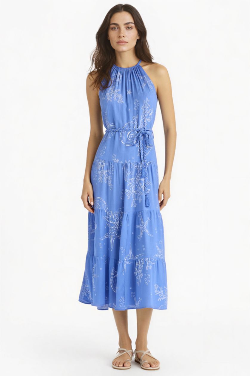 Woman Blue Halter Neck Printed Crinkle Viscose Sleeveless Midi Dress