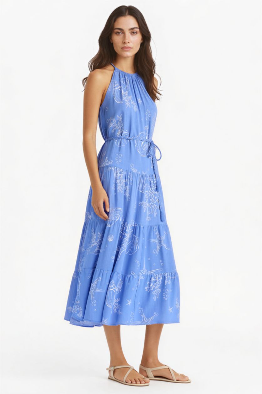Woman Blue Halter Neck Printed Crinkle Viscose Sleeveless Midi Dress