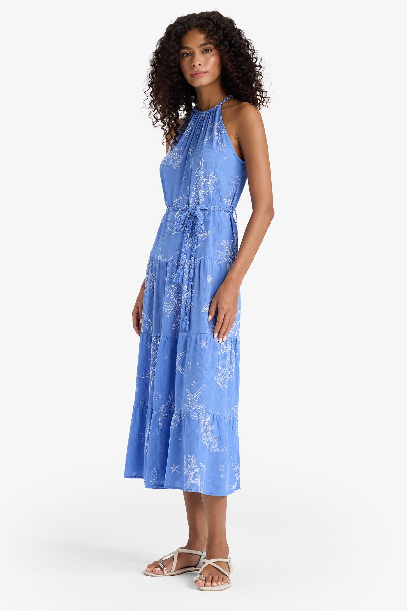 Kadın Mavi Halter Yaka Desenli Bağcıklı  Krinkıl Viskon Kolsuz Midi Elbise