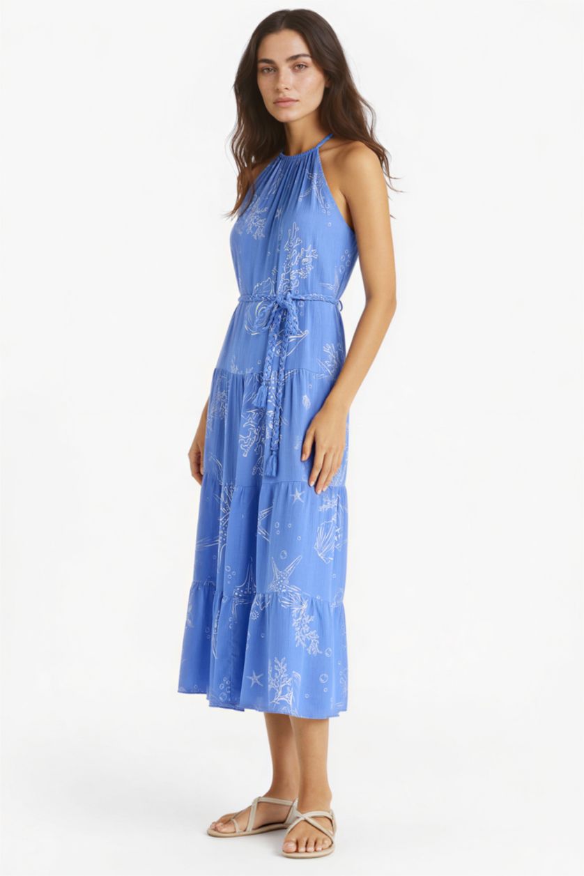 Woman Blue Halter Neck Printed Crinkle Viscose Sleeveless Midi Dress