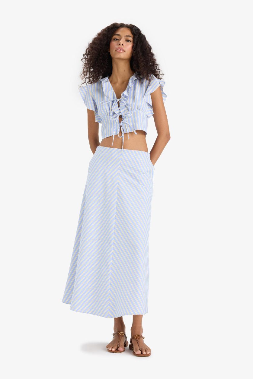 Kadın Açık Mavi A Kesim Çizgili Normal Bel Poplin Maxi Etek