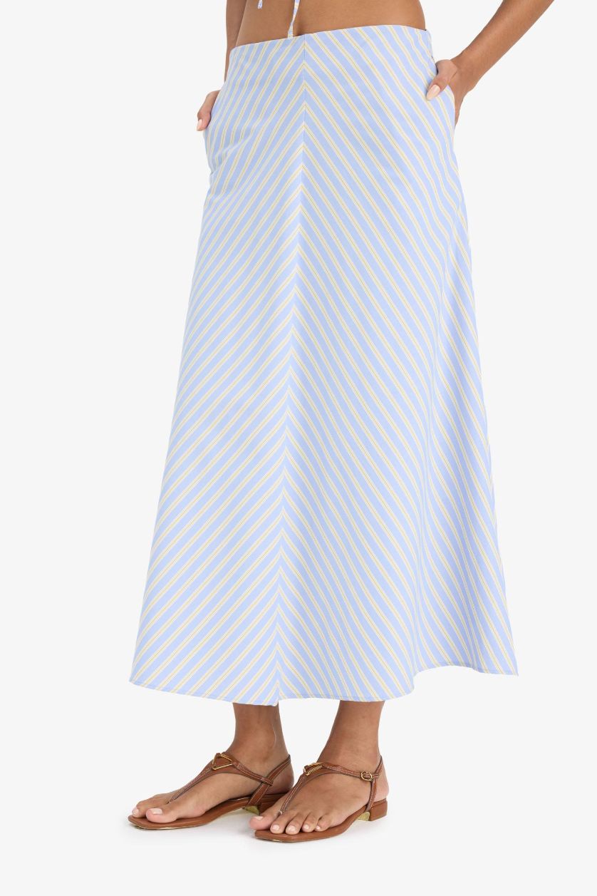 Kadın Açık Mavi A Kesim Çizgili Normal Bel Poplin Maxi Etek