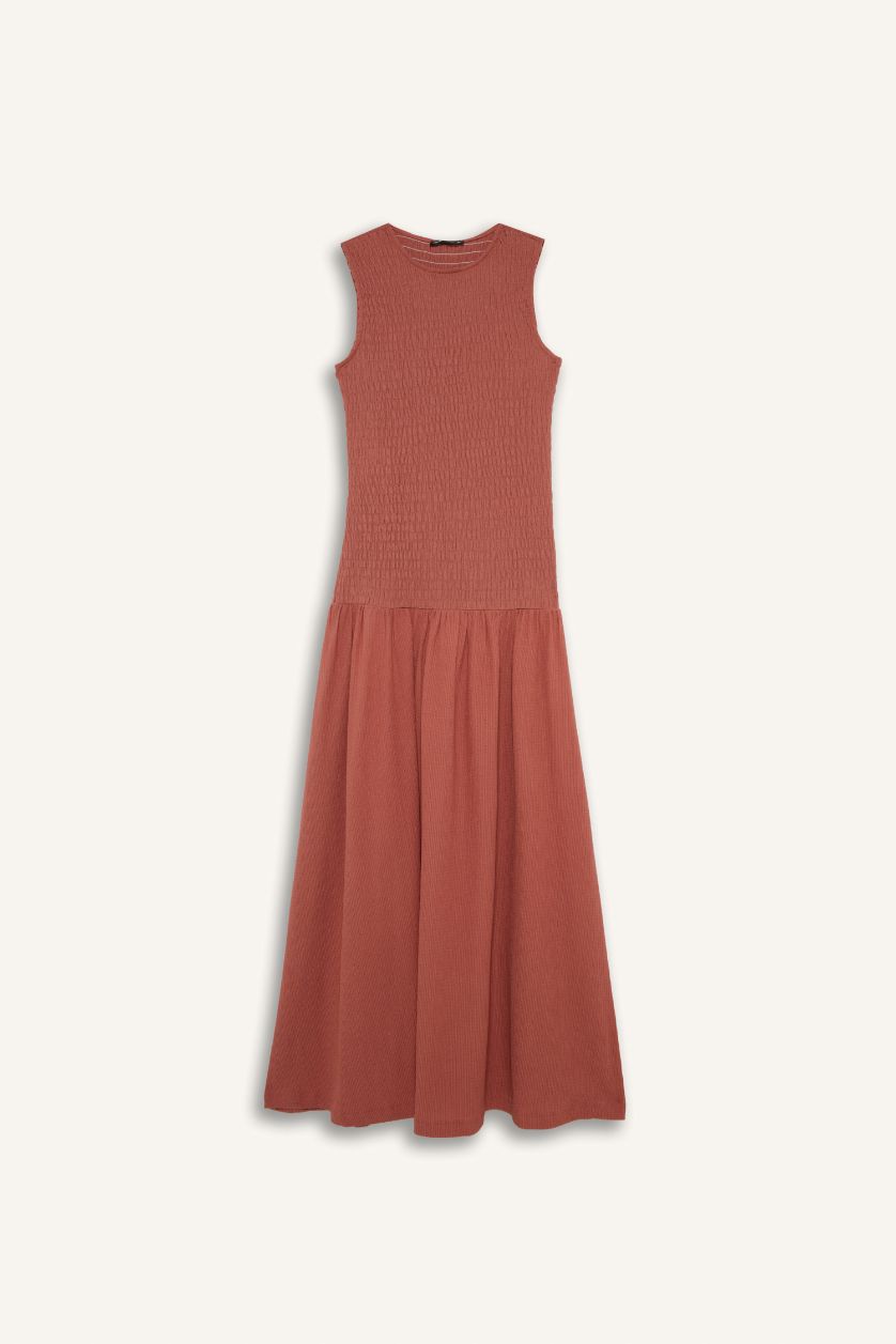 Kadın Gülkurusu Bisiklet Yaka Bürümcük Kolsuz Midi Elbise