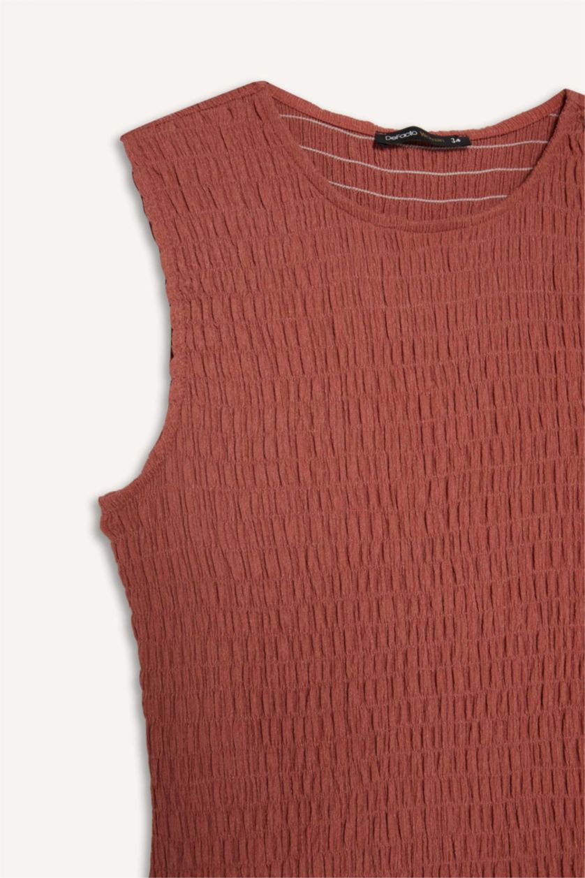 Kadın Gülkurusu Bisiklet Yaka Bürümcük Kolsuz Midi Elbise