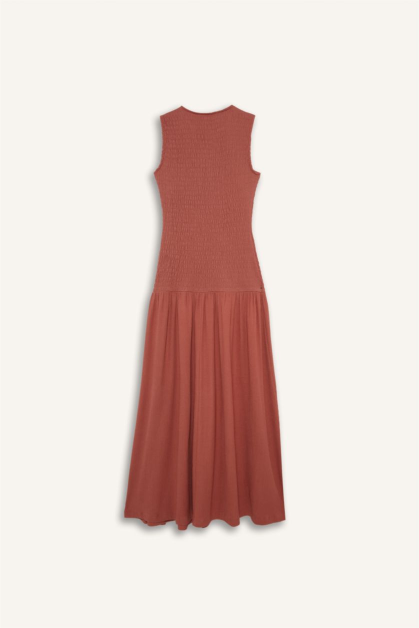 Kadın Gülkurusu Bisiklet Yaka Bürümcük Kolsuz Midi Elbise