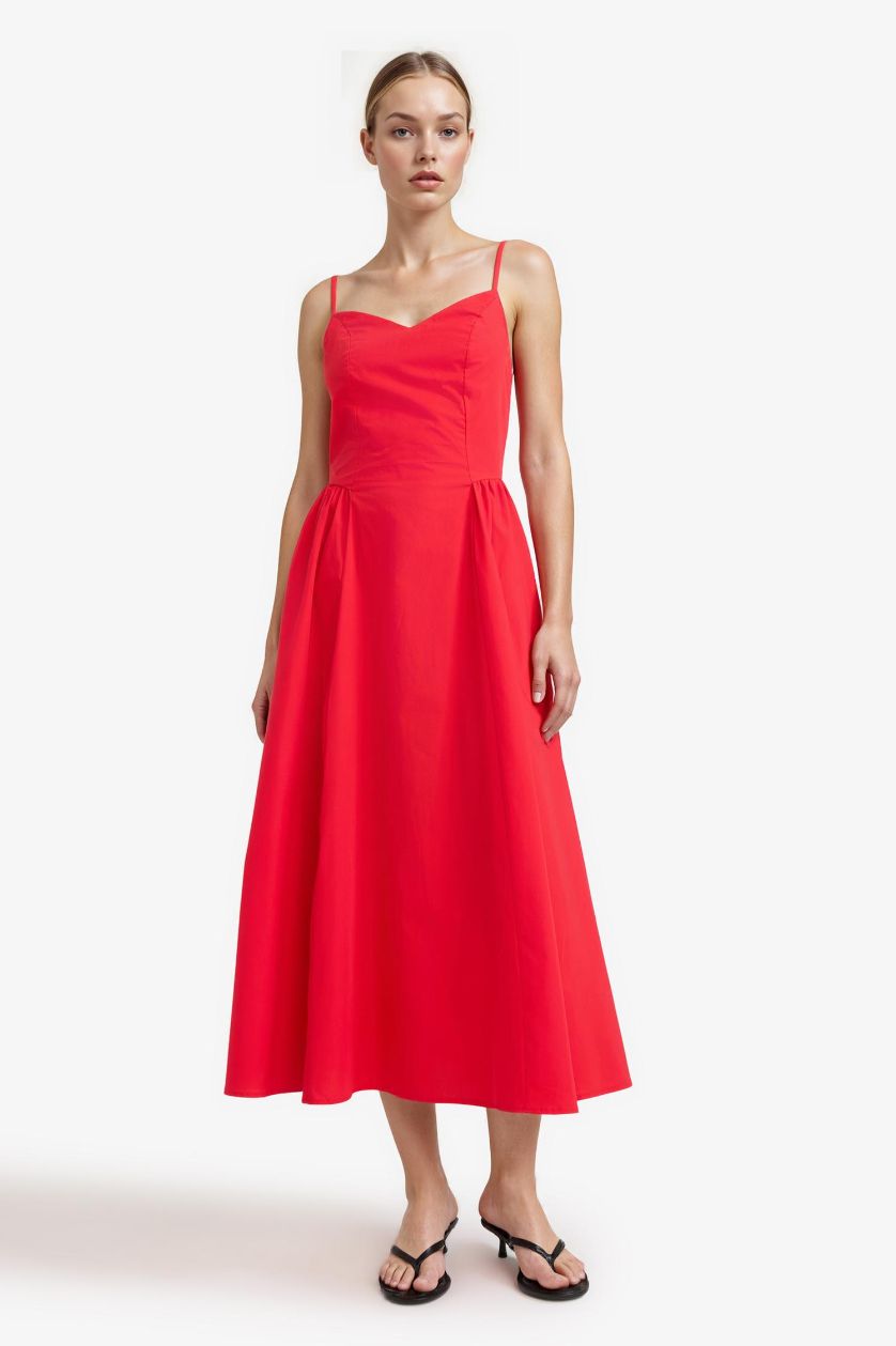 FEMME Rouge Robe mi-longue en popeline à bretelles et col en V